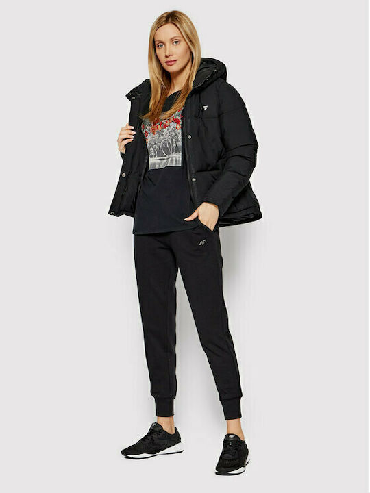 4F Women's Short Puffer Jacket for Winter with Hood Black