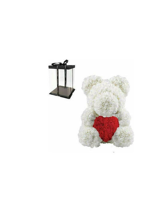 Δωρόσημο Αρκουδάκι από Τεχνητά Τριαντάφυλλα Λευκό Με Κόκκινη Καρδιά 40cm Σε Κουτί