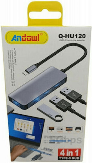 Andowl Hub 4 Θυρών USB 2.0 με σύνδεση USB-C Γκρι