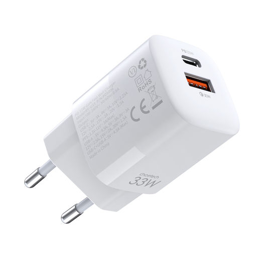 Choetech Wireless Charger GaN With USB-A Output Port And USB-C Output Port 33W Power Delivery Quick Charge 3.0 White PD5006