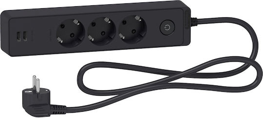 Schneider Electric Πολύπριζο 3 Θέσεων με 2 USB-A, Διακόπτη και Καλώδιο 1.5m