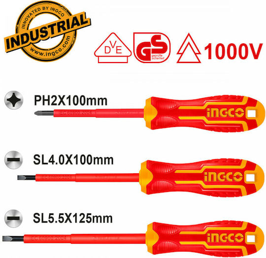 Ingco Set 3 Magnetic Electrician VDE 1000V Screwdrivers with 3 Interchangeable Tips