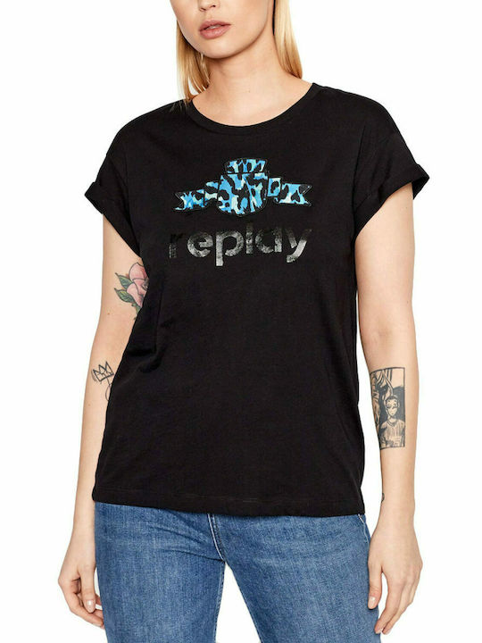 Replay Γυναικείο T-shirt Μαύρο με Στάμπα