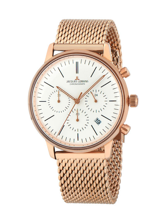 Jacques Lemans Retro Classic Uhr Chronograph Batterie mit Rose Gold Metallarmband