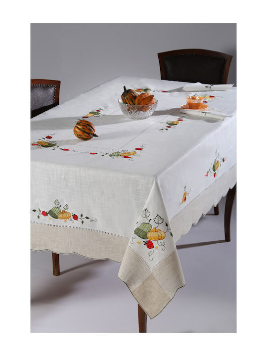 Silk Fashion 3436 Linen Checkered Tablecloth with Embroidery Beige 140x140cm