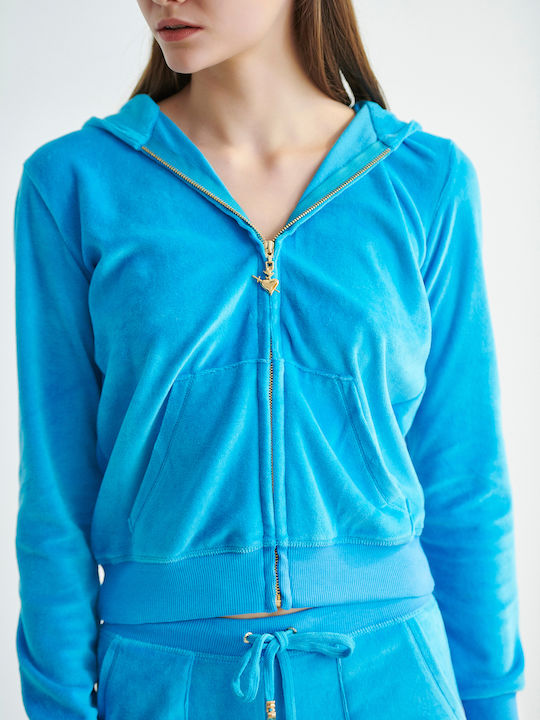 SugarFree Women's Cropped Hooded Velvet Cardigan Blue