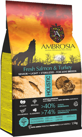 Ambrosia Fresh Salmon & Turkey Senior Light Sterilized Mini Breeds 5kg Ξηρά Τροφή Διαίτης, χωρίς Σιτηρά για Ηλικιωμένους Στειρωμένους Σκύλους Μικρόσωμων Φυλών με Γαλοπούλα και Σολομό
