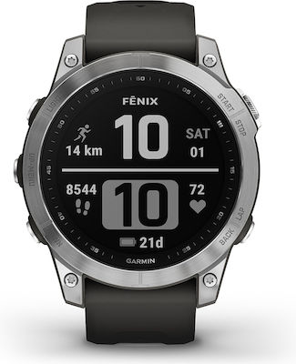 Garmin Fenix 7 Неръждаема стомана 47мм Водоустойчив Смарт часовник с Пулсомер (Сребро с графитна лента)