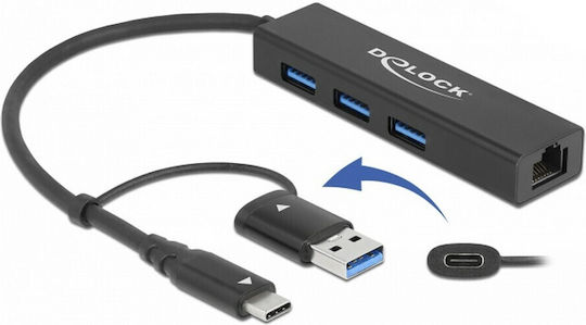 DeLock USB Хъб с 3 Порта USB 3.2 с USB-C и Ethernet