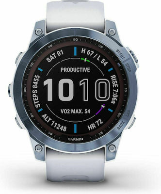 Garmin Fenix 7 Sapphire Solar 47mm Smartwatch mit Pulsmesser (Mineral Blue DLC Titanium with Whitestone Band)