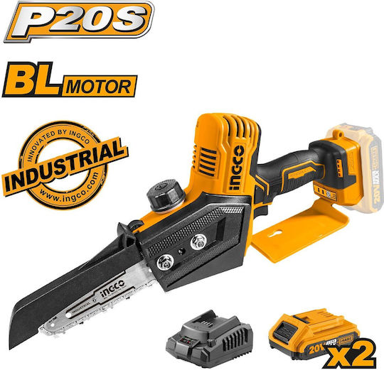 Ingco Pruning Battery Chainsaw 2x2Ah Brushless 20V 1.1kg with Blade 15cm
