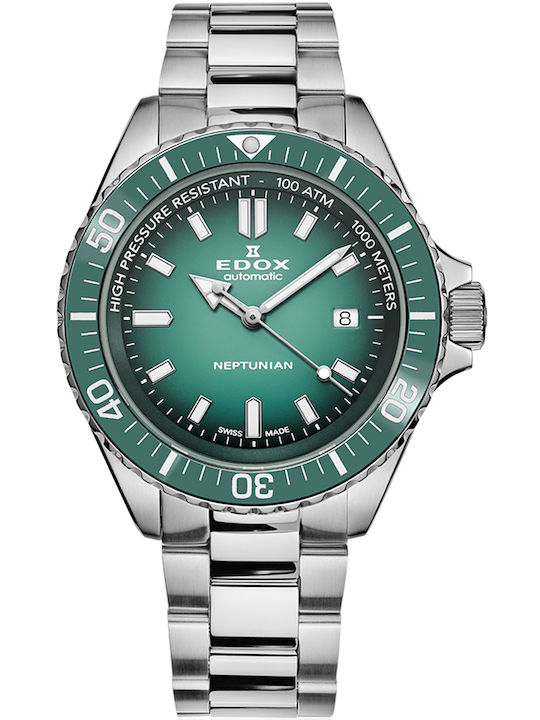 Edox Skydiver Neptunian Ανδρικό Ρολόι 44mm Αυτόματο με Ασημί Μεταλλικό Μπρασελέ