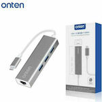 Onten OTN-9595 USB 3.0 3 Port Hub with USB-C / Ethernet Connection Silver