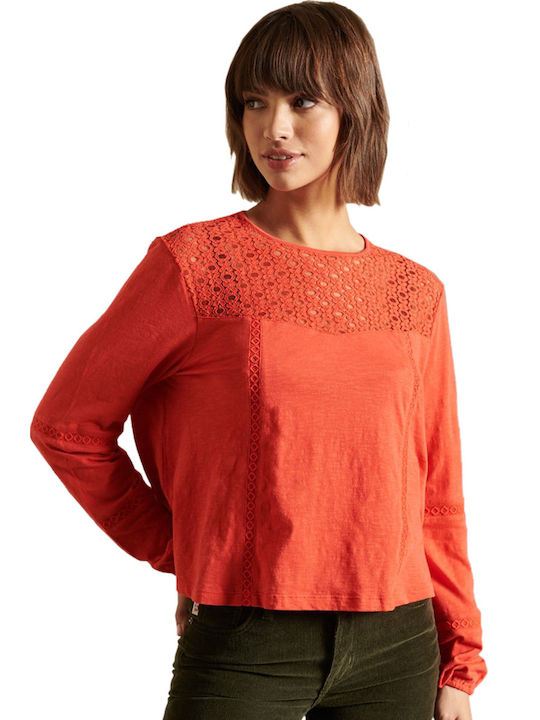 Superdry Women's Summer Blouse Cotton Long Sleeve Americana Red
