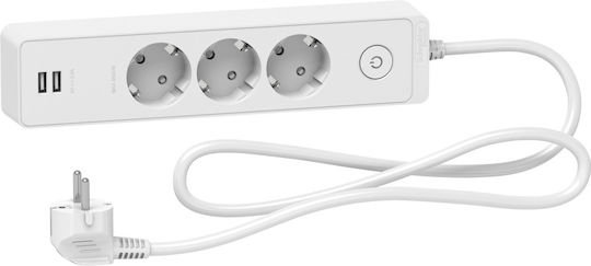 Schneider Electric Πολύπριζο 3 Θέσεων με 2 USB-A, Διακόπτη και Καλώδιο 1.5m