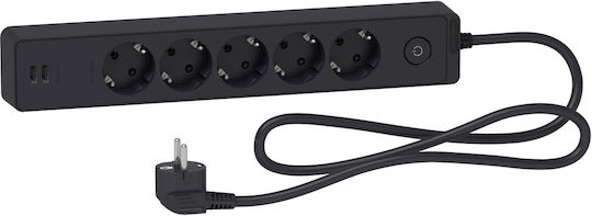 Schneider Electric Захранваща лента Безопасност 5 Позиции с 2 USB-A, Превключвател и Кабел 1.5м Черен