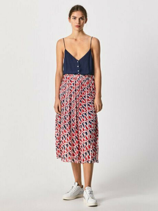 Pepe Jeans Layla Midi Καλοκαιρινό All Day Φόρεμα με Κουμπιά Navy Blue/Red