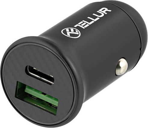 Tellur FCC7 Автомобилен Зарядно Устройство 60W Бързо Зареждане с Портове 1xUSB-A 1xType-C Черен Цвят