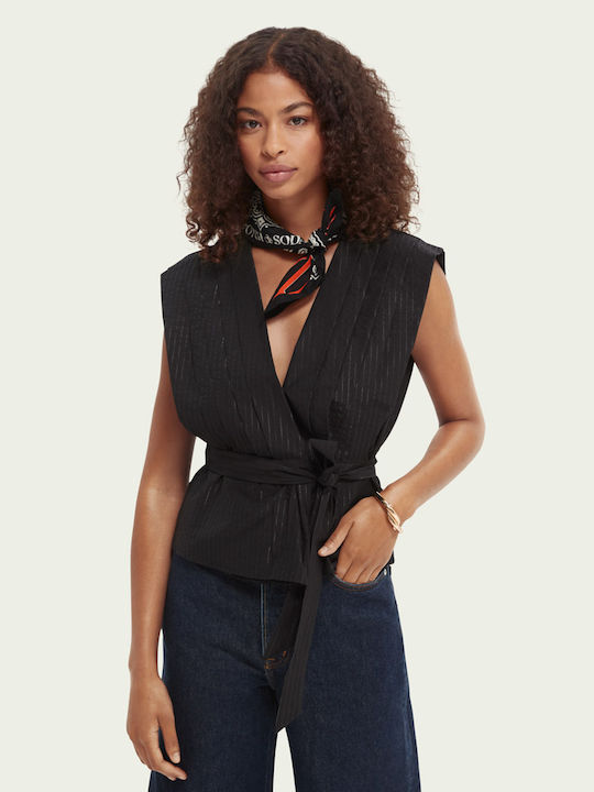 Women's Summer Blouse Cotton Sleeveless with V Neckline Black