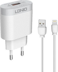 Ldnio Φορτιστής με Θύρα USB-A και Καλώδιο Lightning 18W Quick Charge 3.0 Λευκός (A303Q)