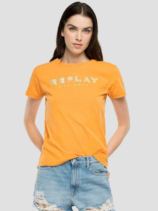 Replay Γυναικείο T-shirt Πορτοκαλί με Στάμπα