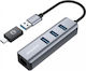 Graugear USB Hub 3 Ports USB 3.0 with Connecting to a Computer USB-A / USB-C / Ethernet Gray