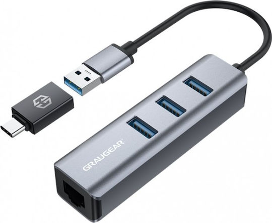 Graugear USB Hub 3 Ports USB 3.0 with Connecting to a Computer USB-A / USB-C / Ethernet Gray
