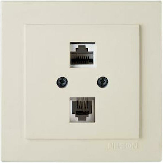 Geyer Διπλή Πρίζα Δικτύου και Τηλεφώνου RJ45/RJ11 με Πλαίσιο Τύπου Cat6 σε Μπεζ Χρώμα 24121049
