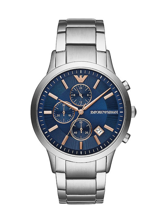 Emporio Armani Renato Ανδρικό Ρολόι 43mm Χρονογράφος Μπαταρίας με Ασημί Μεταλλικό Μπρασελέ