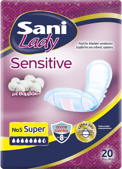 Sani Sensitive Lady Discreet Super No5 Γυναικείες Σερβιέτες Ακράτειας Αυξημένης Ροής 6 Σταγόνες 20τμχ