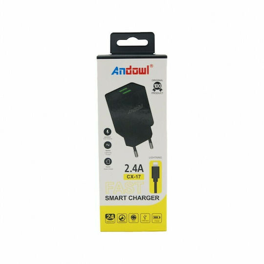 Andowl Charger with 2 USB-A Ports and Cable Lightning Blacks (CX-17)