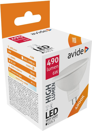 Avide ABGU5.3NW-6W-AP-12V Λάμπα LED 6W 53εκ. για Ντουί GU5.3 Φυσικό Λευκό 490lm