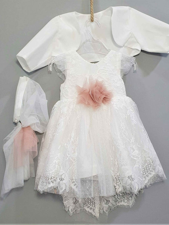 Carousel White Baptism Clothing Set with Hair Accessories , Cardigan & Dress made of Lace 3pcs