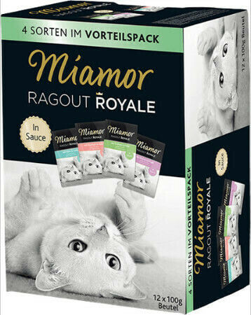 Miamor Ragout Royale Wet Food for Adult Cats in Cans with Turkey, Chicken, Duck, Poultry, Salmon, Tuna and Fish Gluten-Free 12x100gr