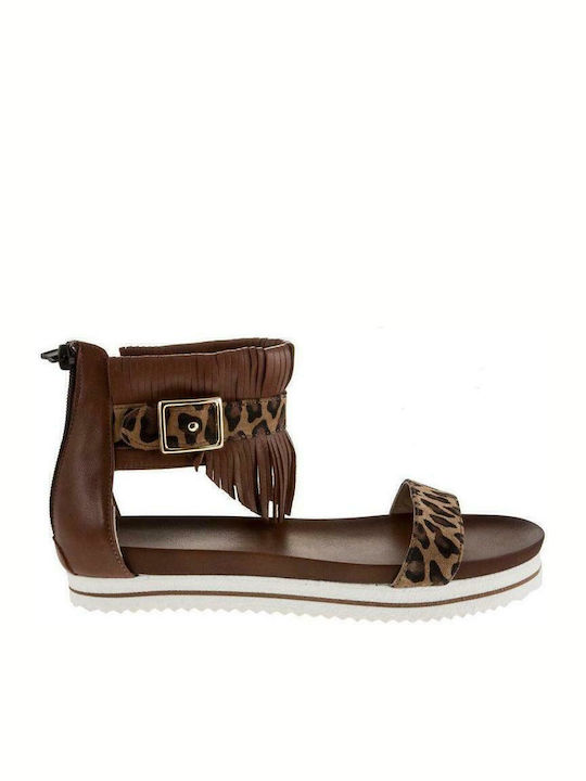 Leather Women's Flat Sandals with Strap Flatforms in Brown Color