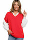 BE Knit Women's Sweater with V Neckline Red