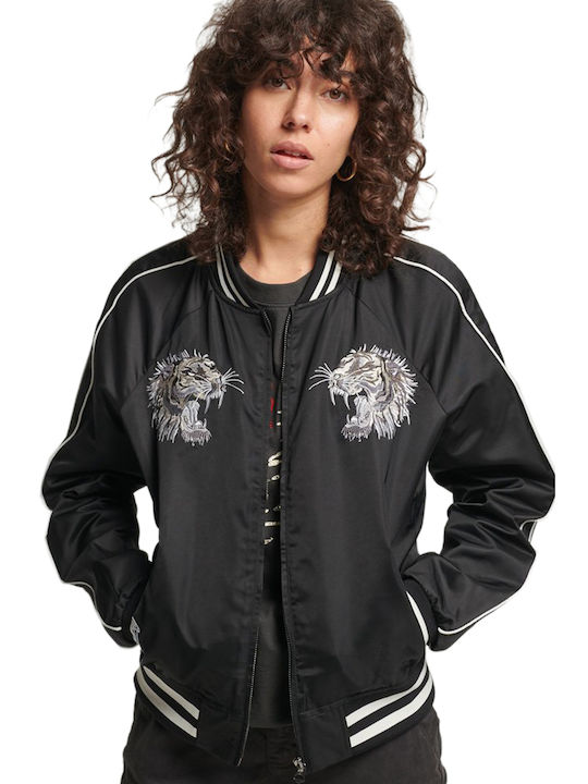 Superdry Ovin Vintage Suikajan Women's Short Bomber Jacket for Spring or Autumn Black