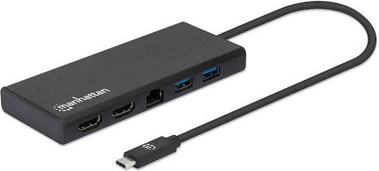 Manhattan USB-C Docking Station με HDMI 4K PD Ethernet και συνδεση 2 Οθονών Μαύρο (152747)