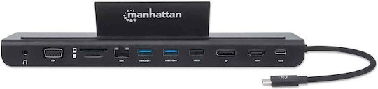 Manhattan USB-C Docking Station with DisplayPort 4K PD Ethernet and 3 Monitors Connection Black