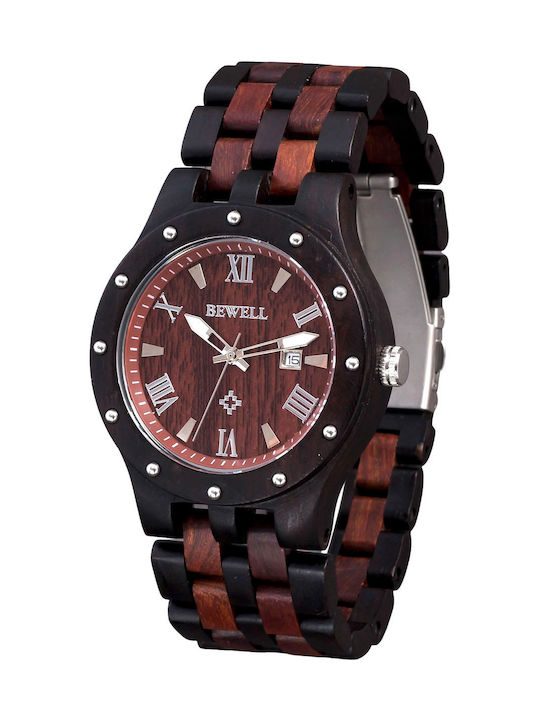 Bewell Atlas Dark Watch Battery with Brown Wooden Bracelet