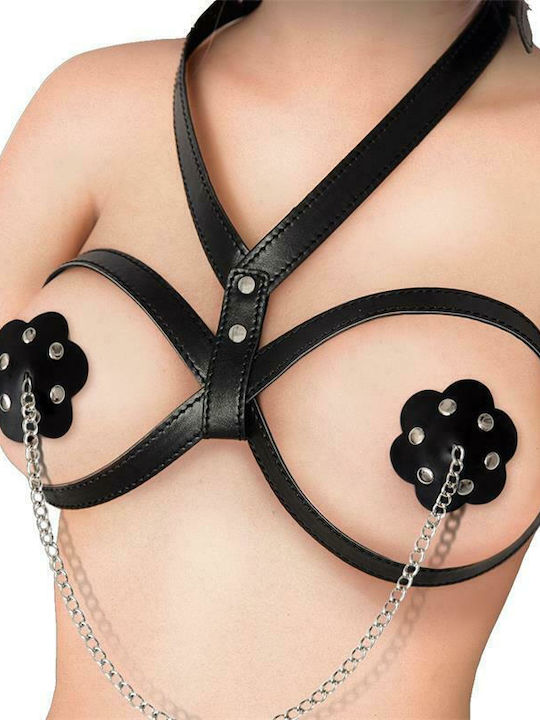 Fetish Addict Self-Adhesive Flower Shaped Nipple Cover With Chain Black