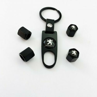 Car Tire Valve Caps with Logo Peugeot & Keychain Black 4pcs