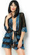 Chilirose Sexy Set mit Robe Diamond Line Kurzer Bademantel & Tanga Black / Blue