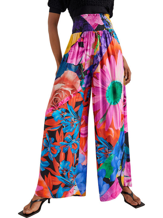 Marsella Women's High-waisted Fabric Trousers with Elastic in Palazzo Fit Floral