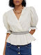 Women's Summer Blouse Cotton Short Sleeve with V Neckline White