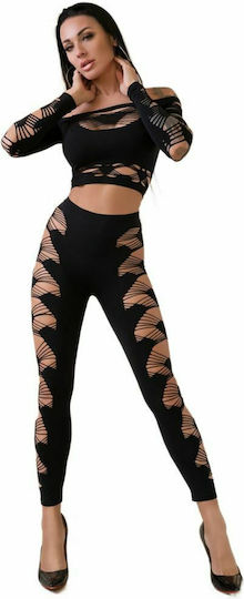 Chilirose Women's Sexy Top Top & Leggings With Strings & Hearts Black