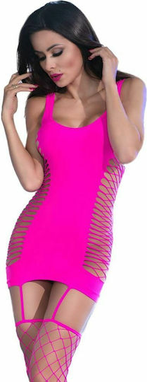Chilirose Stretch-Minikleid mit Mesh-Einsätzen und verbundenen Strümpfen Pink