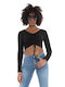 Only Women's Crop Top Long Sleeve with V Neckline Black