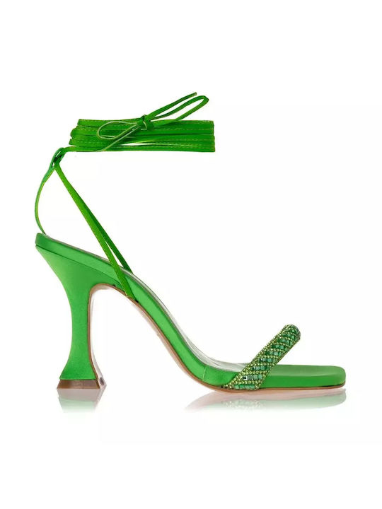 Sante Платнени Дамски сандали с Чуплив Високи Токчета в Зелен Цвят