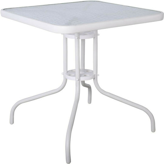 Baleno Outdoor Dinner Free Standing Table with Glass Surface and Metal Frame White 70x70x70cm